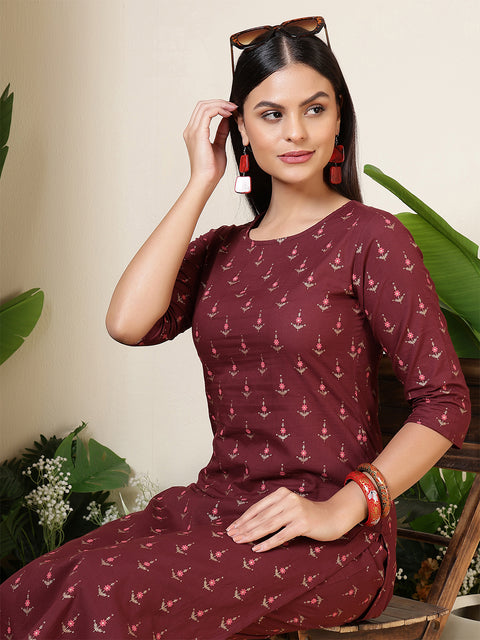 Women Wine Three-Quarter Sleeves Printed Kurta-Palazzo with pockets