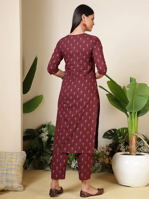 Women Wine Three-Quarter Sleeves Printed Kurta-Palazzo with pockets