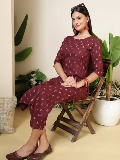 Women Wine Three-Quarter Sleeves Printed Kurta-Palazzo with pockets