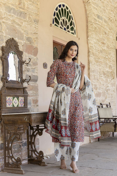 Women Maroon & Cream Printed Straight Kurta Plazzo with Printed Dupatta