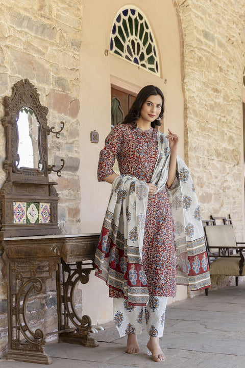 Women Maroon & Cream Printed Straight Kurta Plazzo with Printed Dupatta