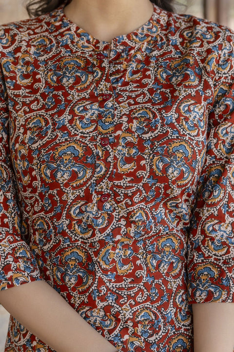 Women Maroon & Cream Printed Straight Kurta Plazzo with Printed Dupatta