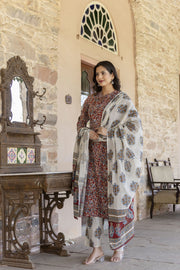 Women Maroon & Cream Printed Straight Kurta Plazzo with Printed Dupatta