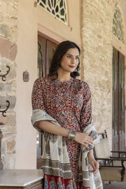 Women Maroon & Cream Printed Straight Kurta Plazzo with Printed Dupatta