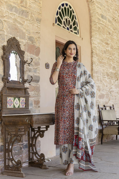 Women Maroon & Cream Printed Straight Kurta Plazzo with Printed Dupatta