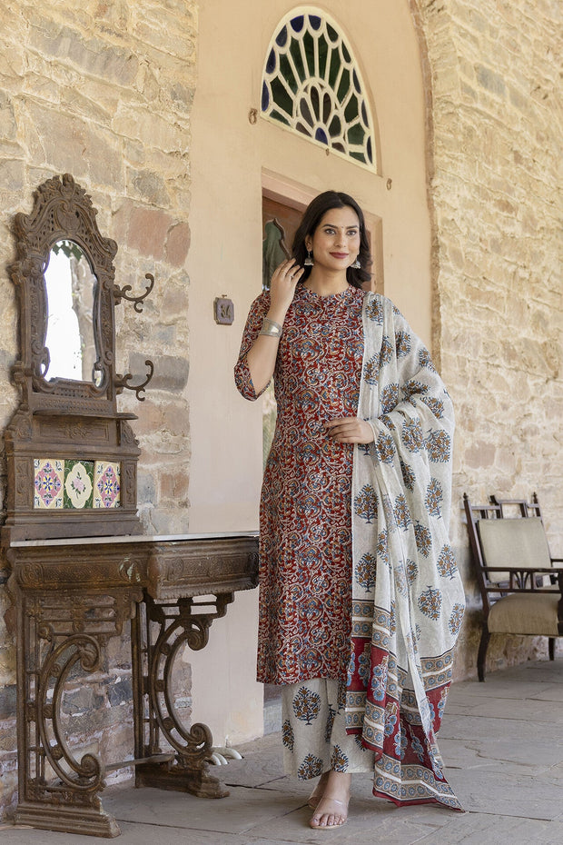 Women Maroon & Cream Printed Straight Kurta Plazzo with Printed Dupatta
