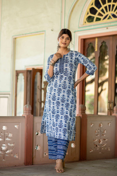 Women White & Indigo Three-Quarter Sleeves Straight Kurta With Palazzo