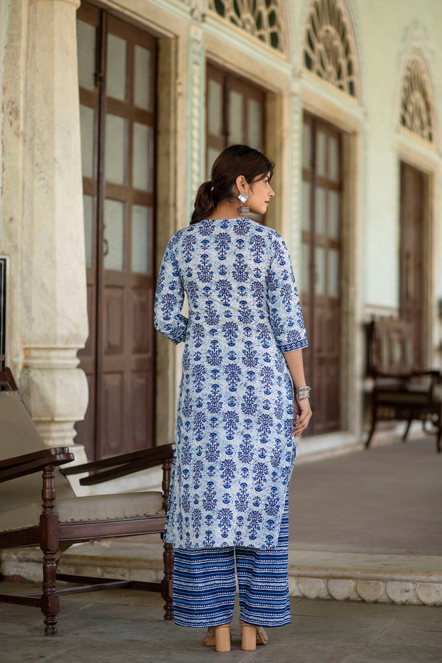 Women White & Indigo Three-Quarter Sleeves Straight Kurta With Palazzo