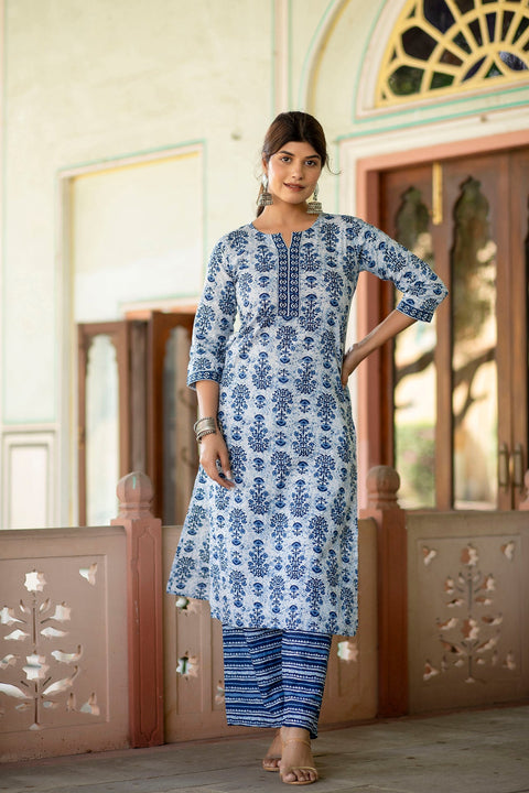 Women White & Indigo Three-Quarter Sleeves Straight Kurta With Palazzo