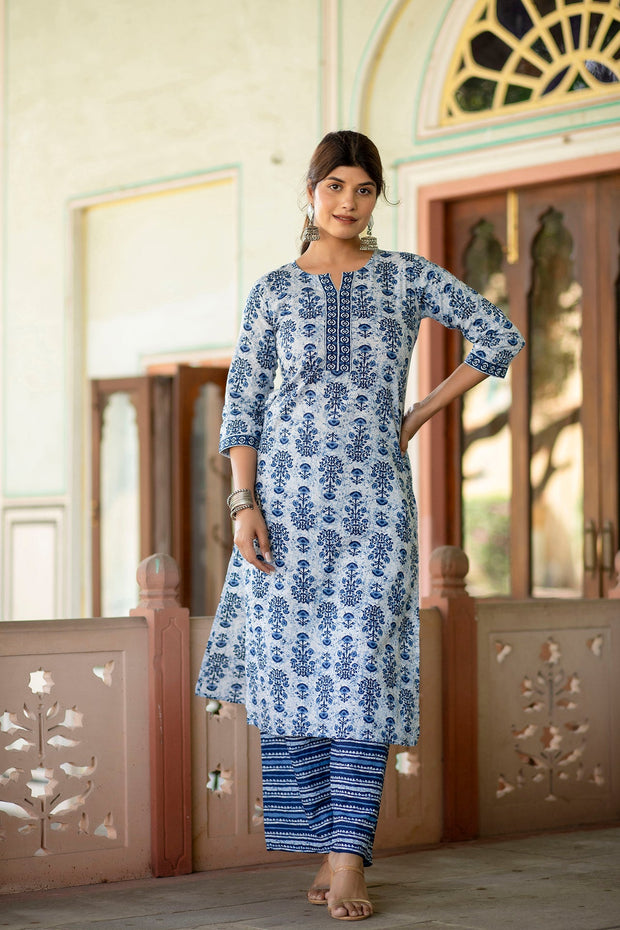 Women White & Indigo Three-Quarter Sleeves Straight Kurta With Palazzo