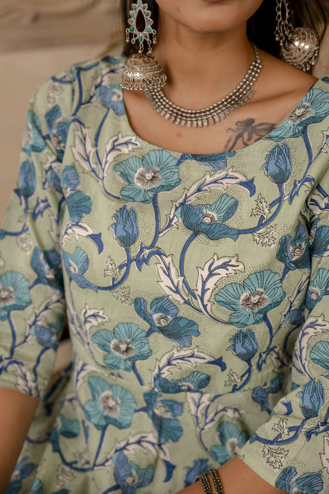 Women Sage Green Floral Printed Kurta With Trouser & Dupatta