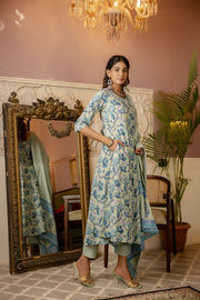 Women Sage Green Floral Printed Kurta With Trouser & Dupatta