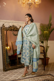 Women Sage Green Floral Printed Kurta With Trouser & Dupatta