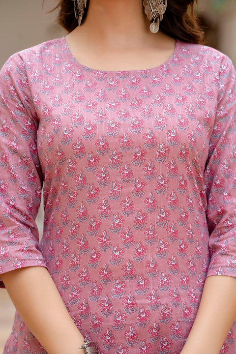 Women Pink Floral Printed Pure Cotton Kurta & Palazzos With Dupatta