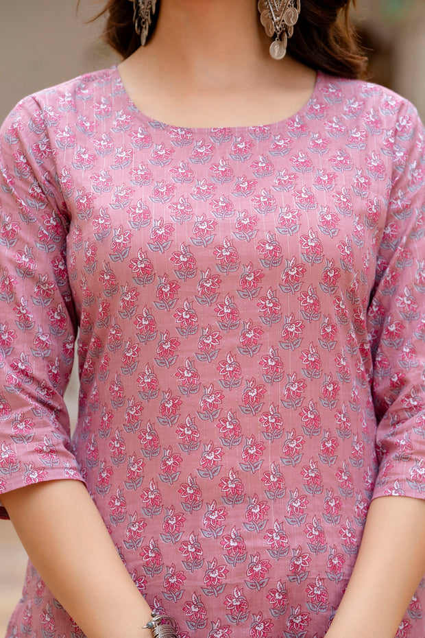 Women Pink Floral Printed Pure Cotton Kurta & Palazzos With Dupatta