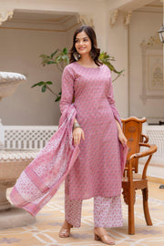 Women Pink Floral Printed Pure Cotton Kurta & Palazzos With Dupatta