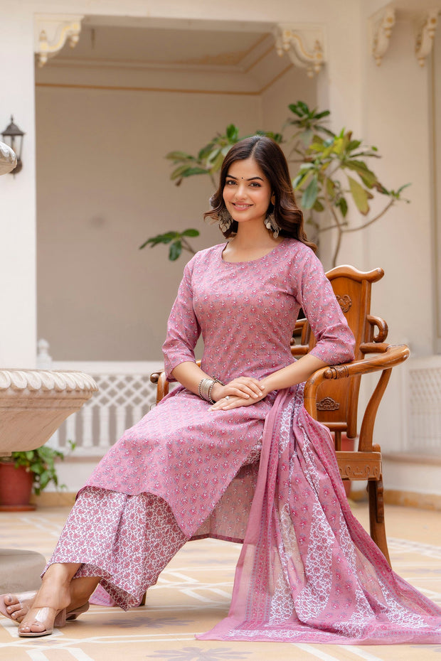 Women Pink Floral Printed Pure Cotton Kurta & Palazzos With Dupatta