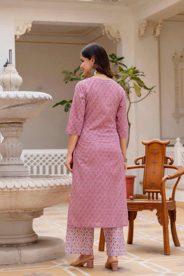 Women Pink Floral Printed Pure Cotton Kurta & Palazzos With Dupatta