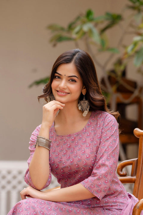 Women Pink Floral Printed Pure Cotton Kurta & Palazzos With Dupatta