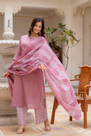 Women Pink Floral Printed Pure Cotton Kurta & Palazzos With Dupatta