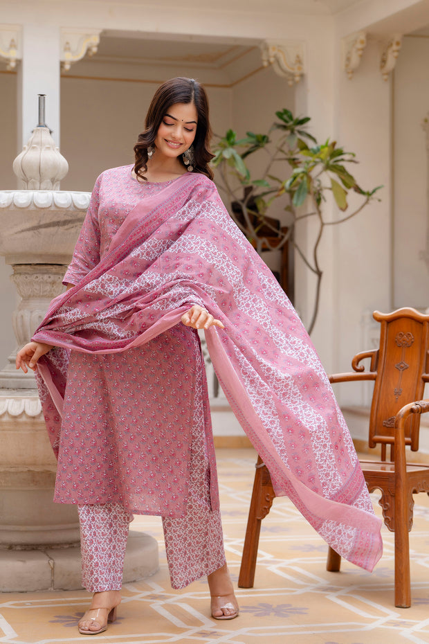 Women Pink Floral Printed Pure Cotton Kurta & Palazzos With Dupatta