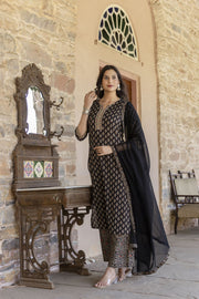 Women Black Ethnic Printed Straight Kurta With Palazzo And Chiffon Dupatta