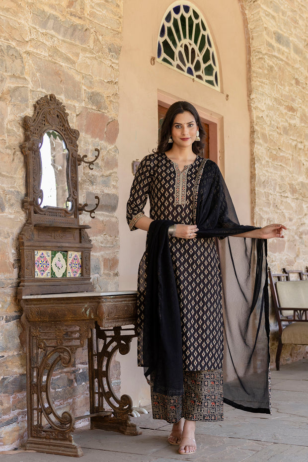 Women Black Ethnic Printed Straight Kurta With Palazzo And Chiffon Dupatta