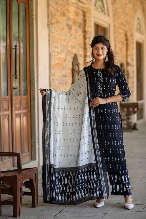 Women Black Ethnic Printed Straight Kurta With Palazzo And Dupatta