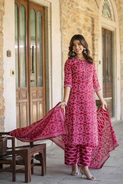 Women Red Bandhani Printed Straight Kurta With Palzzo And Dupatta