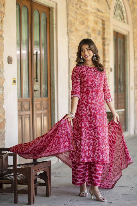 Women Red Bandhani Printed Straight Kurta With Palzzo And Dupatta