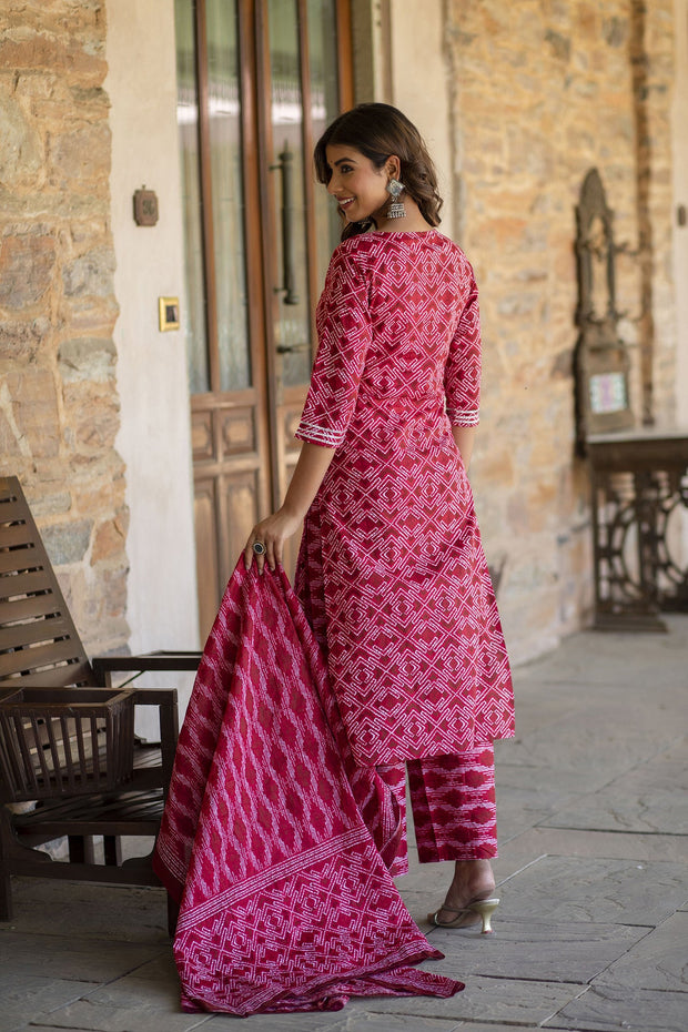 Women Red Bandhani Printed Straight Kurta With Palzzo And Dupatta