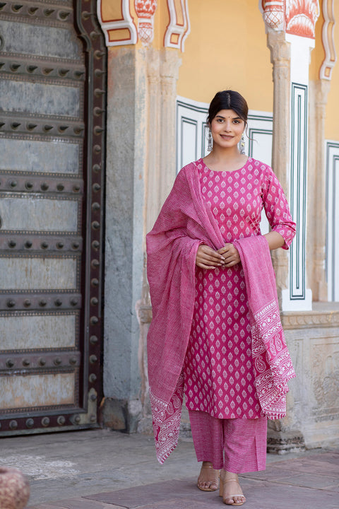 Women Pink Ethnic Printed Straight kurta With Palazzo and dupatta
