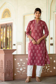 Women Mauve Printed Straight Kurta With White Solid Trouser