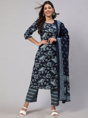 Women Indigo Blue Floral Printed Flared Kurta With Trouser And Dupatta