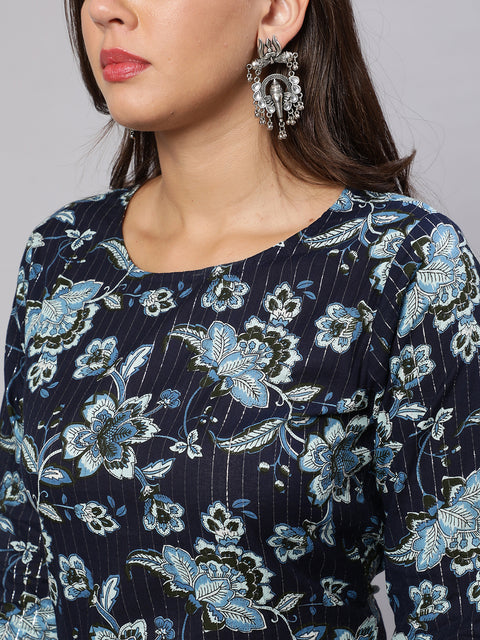 Women Indigo Blue Floral Printed Flared Kurta With Trouser And Dupatta
