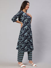 Women Indigo Blue Floral Printed Flared Kurta With Trouser And Dupatta