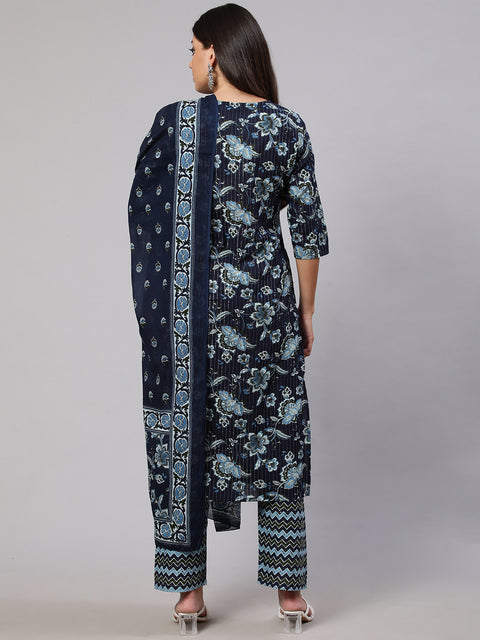 Women Indigo Blue Floral Printed Flared Kurta With Trouser And Dupatta