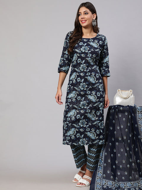 Women Indigo Blue Floral Printed Flared Kurta With Trouser And Dupatta