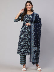 Women Indigo Blue Floral Printed Flared Kurta With Trouser And Dupatta
