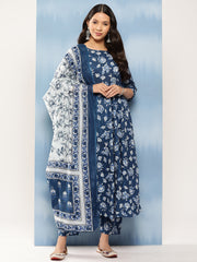 Women Blue Floral Printed Anarkali Kurta With Trouser And Dupatta