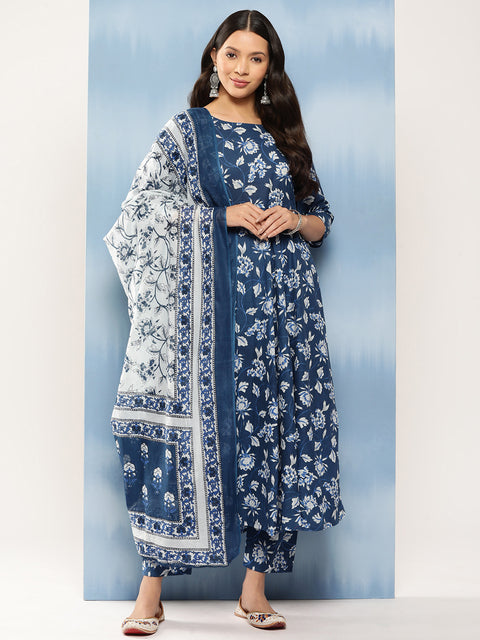 Women Blue Floral Printed Anarkali Kurta With Trouser And Dupatta
