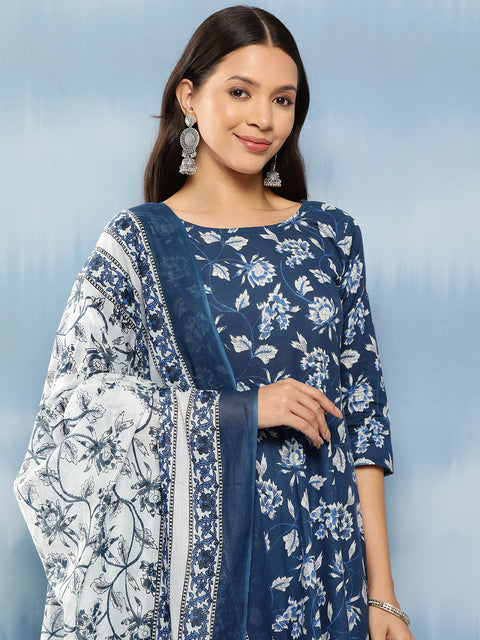 Women Blue Floral Printed Anarkali Kurta With Trouser And Dupatta