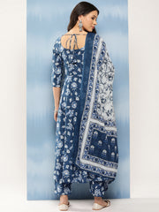 Women Blue Floral Printed Anarkali Kurta With Trouser And Dupatta