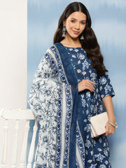 Women Blue Floral Printed Anarkali Kurta With Trouser And Dupatta