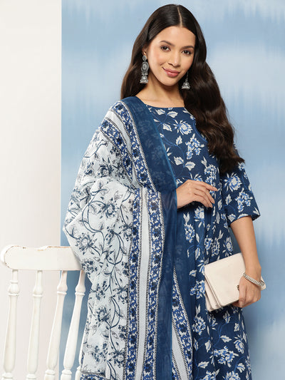 Women Blue Floral Printed Anarkali Kurta With Trouser And Dupatta
