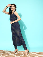 Women Navy Blue Ethnic Printed Sleeveless Kurta With Trouser And Dupatta