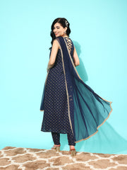 Women Navy Blue Ethnic Printed Sleeveless Kurta With Trouser And Dupatta