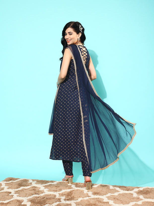 Women Navy Blue Ethnic Printed Sleeveless Kurta With Trouser And Dupatta