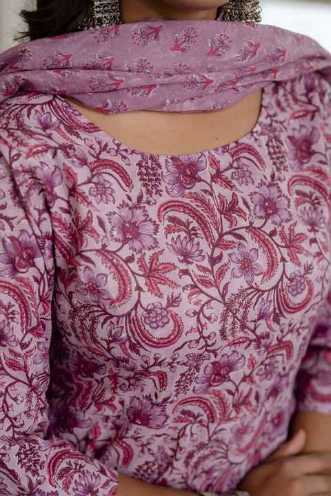 Women Lavender Floral Printed Kurta With Trouser And Dupatta