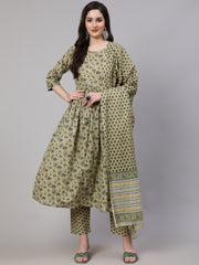 Women Green Printed Gathered Kurta And Trouser With Dupatta